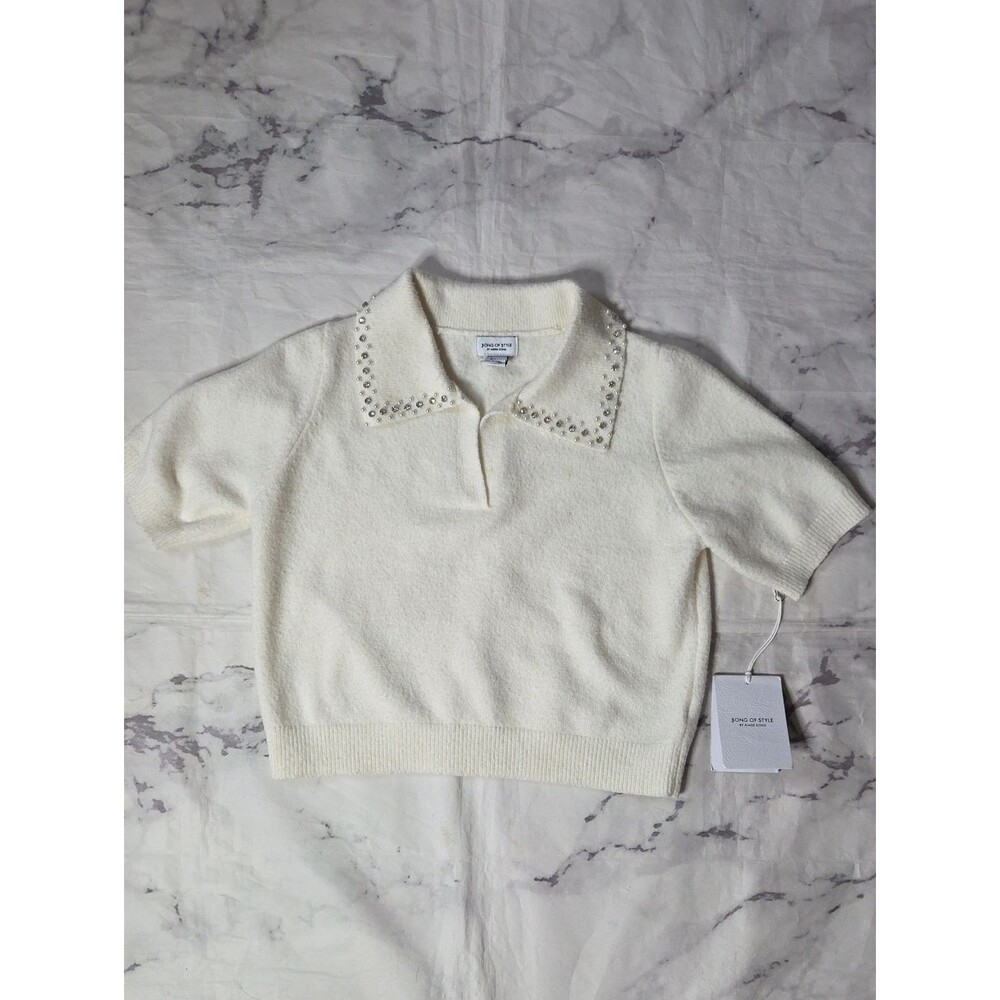 Song Of Style Cream Short Sleeve Sweater With Embellished Collar
